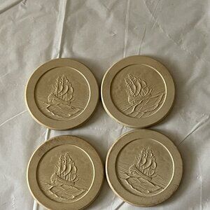 Poker Chips Clay Clipper Ship Sailboat Nautical Set 4 Embossed Design 1900s Vtg